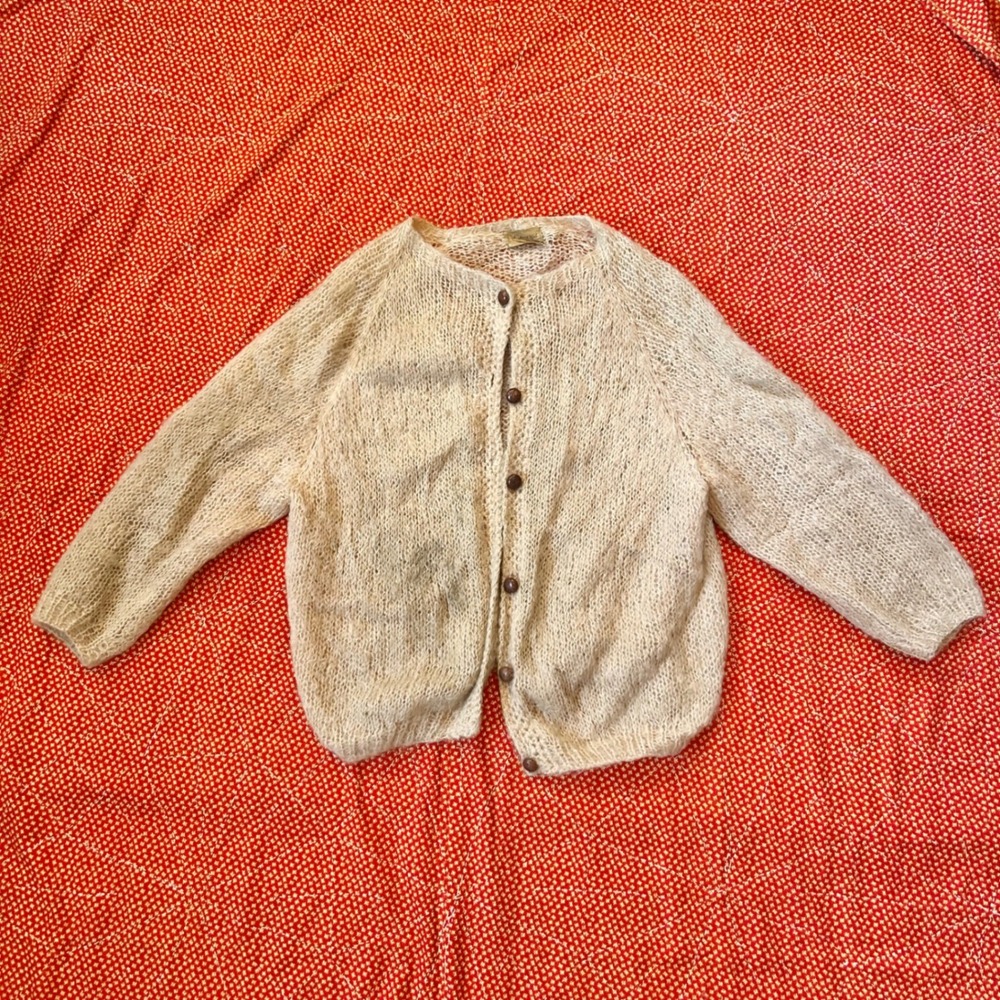Vintage Hand Knit Mohair Wool Cardigan Sweater Cream Beige Open Weave 1950s